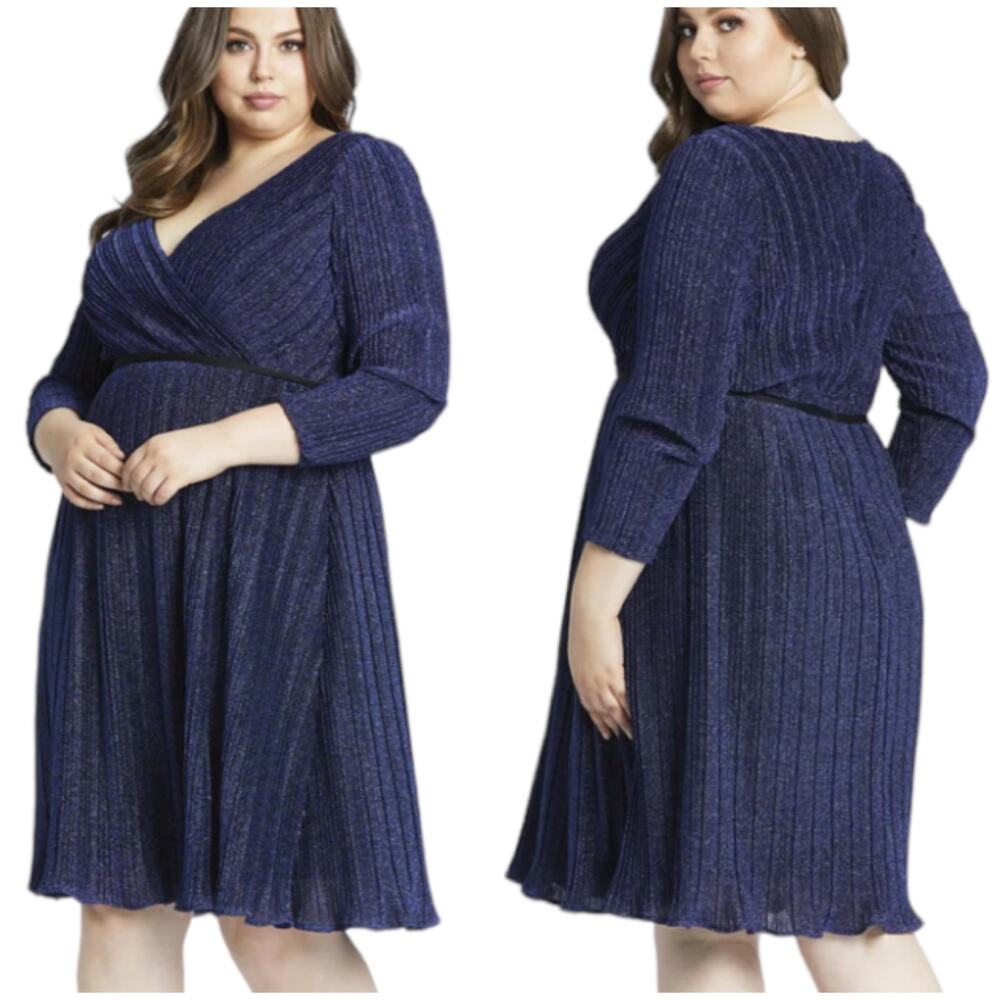 Mac Duggal NWT Shimmering Faux Wrap Cocktail Dress Size 22W Sapphire Blue Belted - Picture 1 of 8